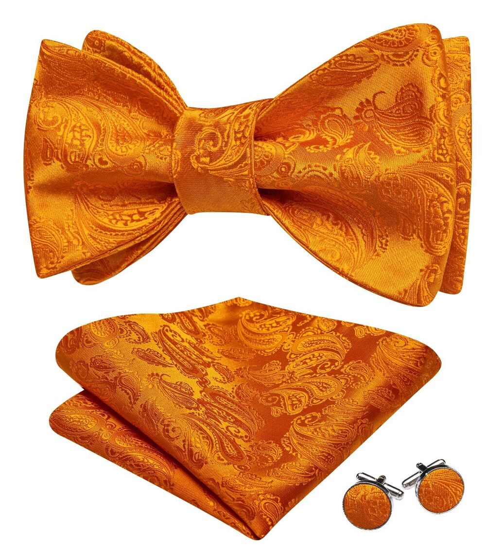 2014 Self Tie Bow Ties Orange Bow Tie and Pocket Square Cufflinks Set